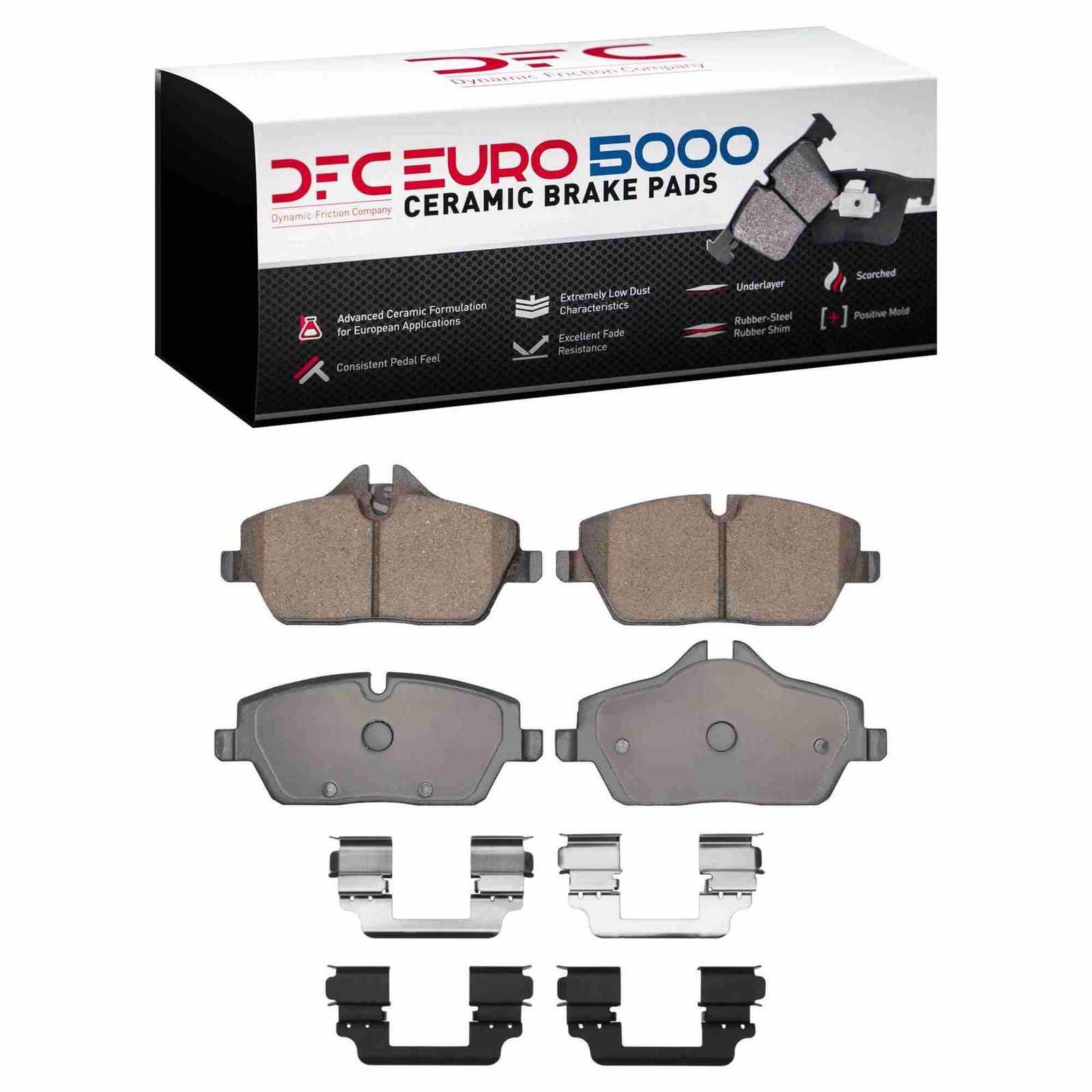 DF_1600130803_Fro.jpg Dynamic Friction 2020-2024 MINI Cooper (Excl Clubman) Front Euro 5000 Ceramic Brake Pads and Hardware Kit - Image 1