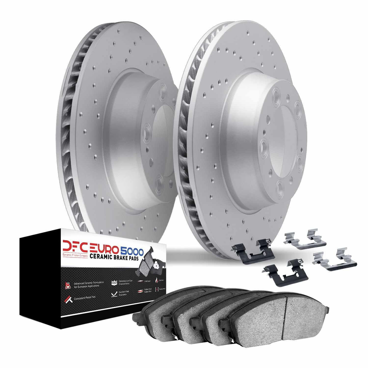 DF_261231214_Kit.jpg Dynamic Friction 2011-2019 BMW 550i Rear Drilled Geoperf Rotors Euro 5000 Ceramic Brake Pads w/Hardware - Image 1