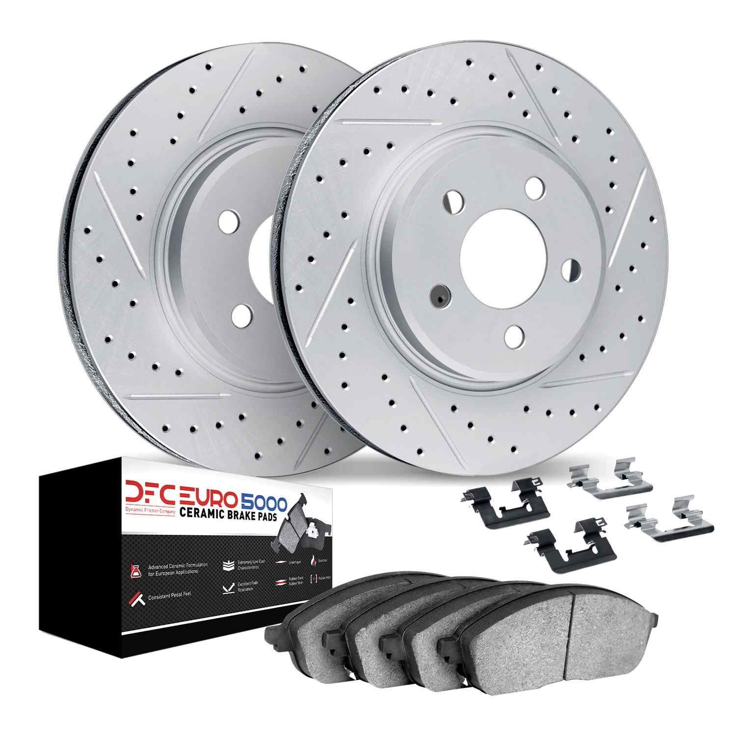 DF_261231306_Kit.jpg Dynamic Friction 2017-2025 BMW 520i Rear Drill/Slot Geoperformance Rotors Euro 5000 Ceramic Brake Pads w/Hardware - Image 1