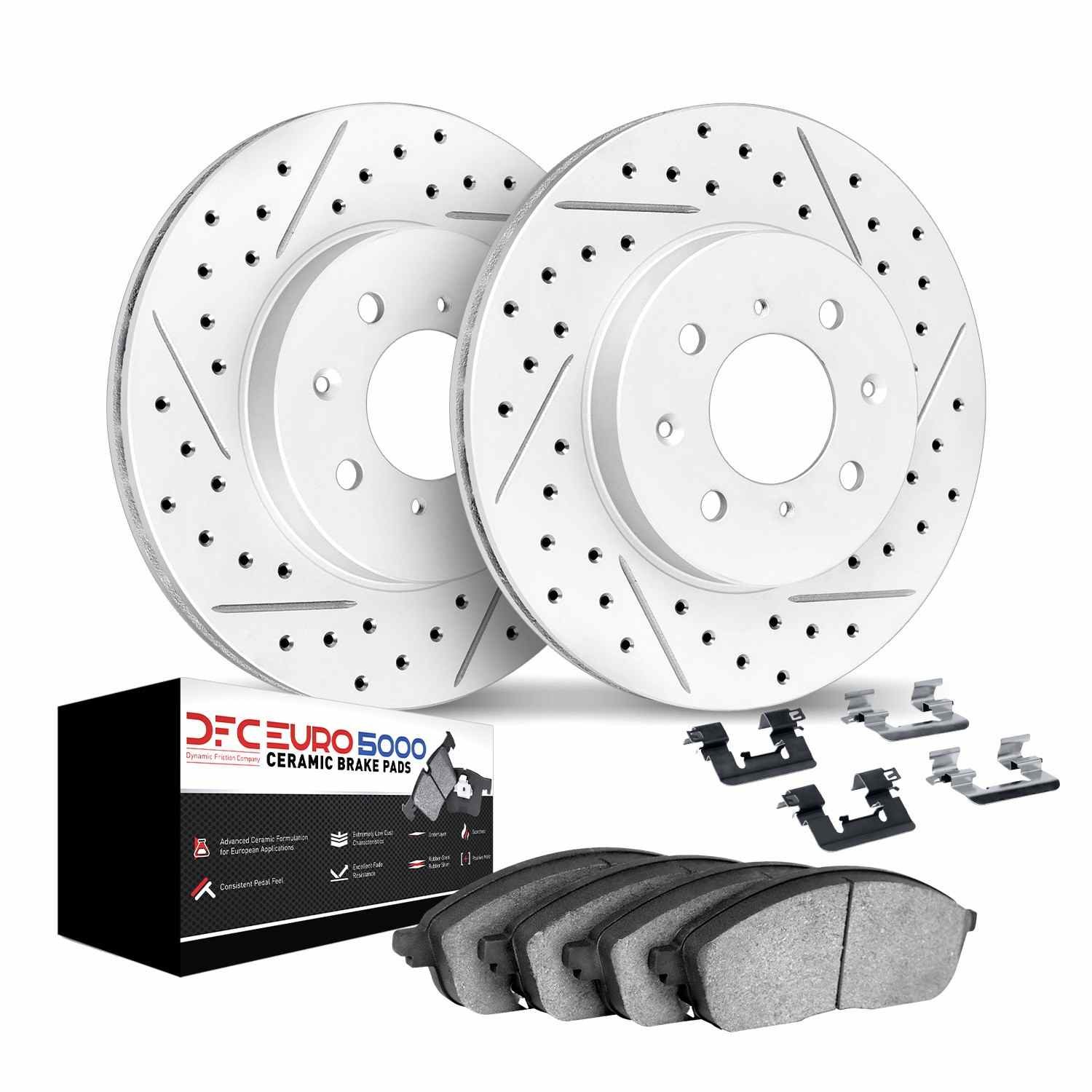 DF_261232016_Kit.jpg Dynamic Friction 2007-2015 MINI Cooper Front Drill/Slot Geoperformance Rotors Euro 5000 Ceramic Brake Pads w/Hardware - Image 1