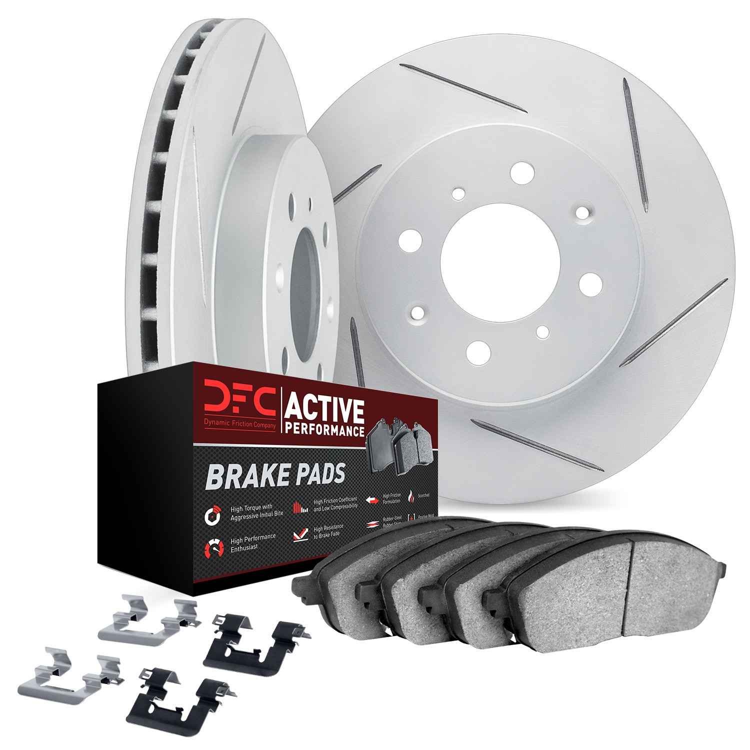 DF_271232017_Kit.jpg Dynamic Friction 2007-2015 MINI Cooper Front Slotted Geoperformance Rotors with Active Performance Pads w/Hardware - Image 1