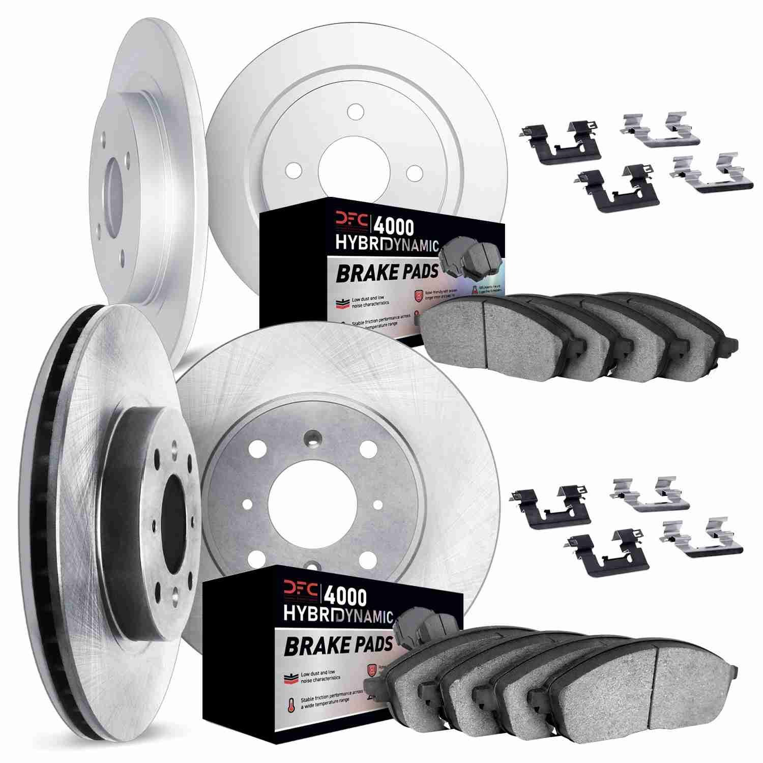 DF_681474001_Kit.jpg Dynamic Friction 1985-1992 Volkswagen Golf/Jetta Front & Rear Rotors w/4000 HybriDynamic Brake Pads w/Hardware - Image 1