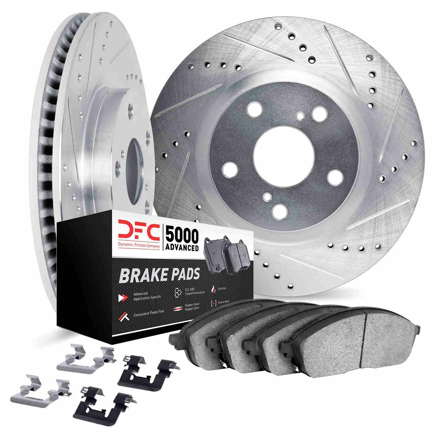 DF_751254202_Kit.jpg Dynamic Friction 2020-2025 Ford Explorer Front Drilled & Slotted Silver Rotors with 5000 Advanced Pads w/Hardware - Image 1