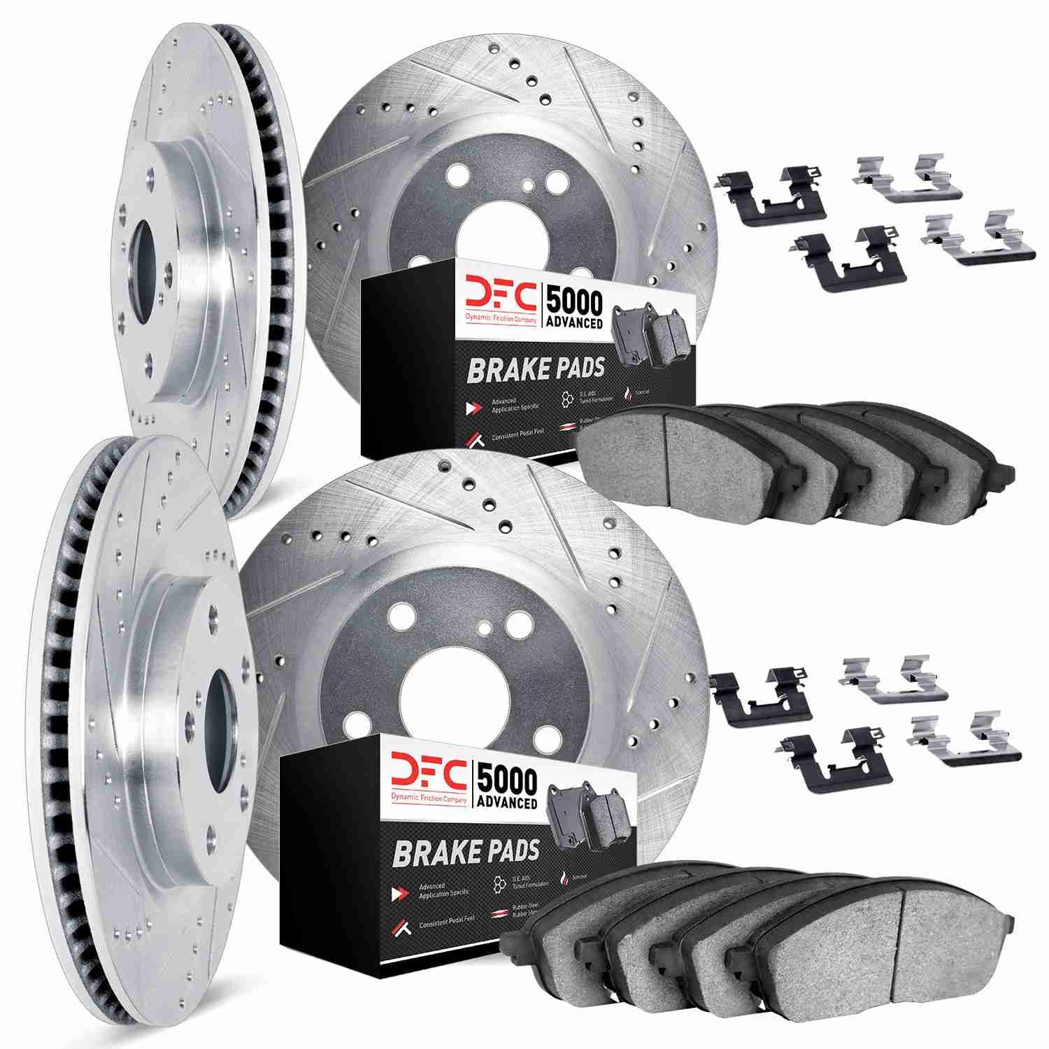 DF_751454405_Kit.jpg Dynamic Friction 2020-2025 Ford Explorer Front & Rear Drill/Slot Silver Rotors 5000 Adv Brake Pads w/Hardware - Image 1