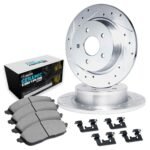 R1 Concepts 91-99 BMW 318i Rear Drilled & Slotted Silver Brake Rotor Set w/Euro Ceramic Pads and Hardware - Image 2