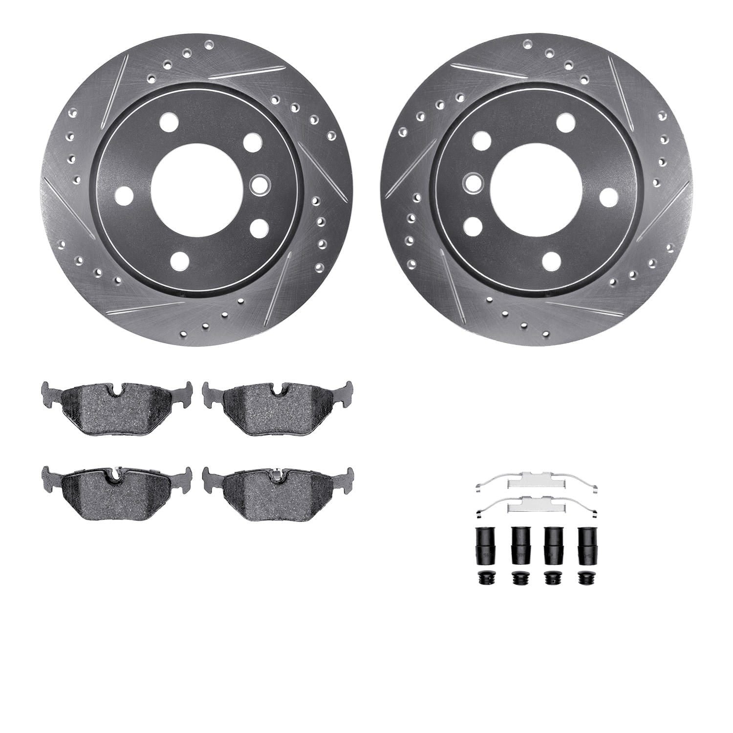DF_WGTH131039_Fro.jpg R1 Concepts 96-05 BMW 323Ci Rear Drilled & Slotted Silver Brake Rotor Set w/Euro Ceramic Pads and Hardware - Image 1