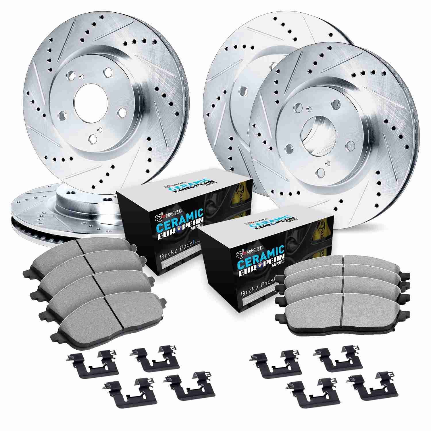 DF_WGTH231027_Kit.jpg R1 Concepts 13-20 BMW 320i xDrive Front & Rear Drill/Slot Silver Rotors w/Euro Ceramic Pads - Image 1