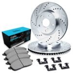 R1 Concepts 07-18 BMW X6 Front Drilled & Slotted Silver Brake Rotor Set w/Ceramic Pads and Hardware - Image 2