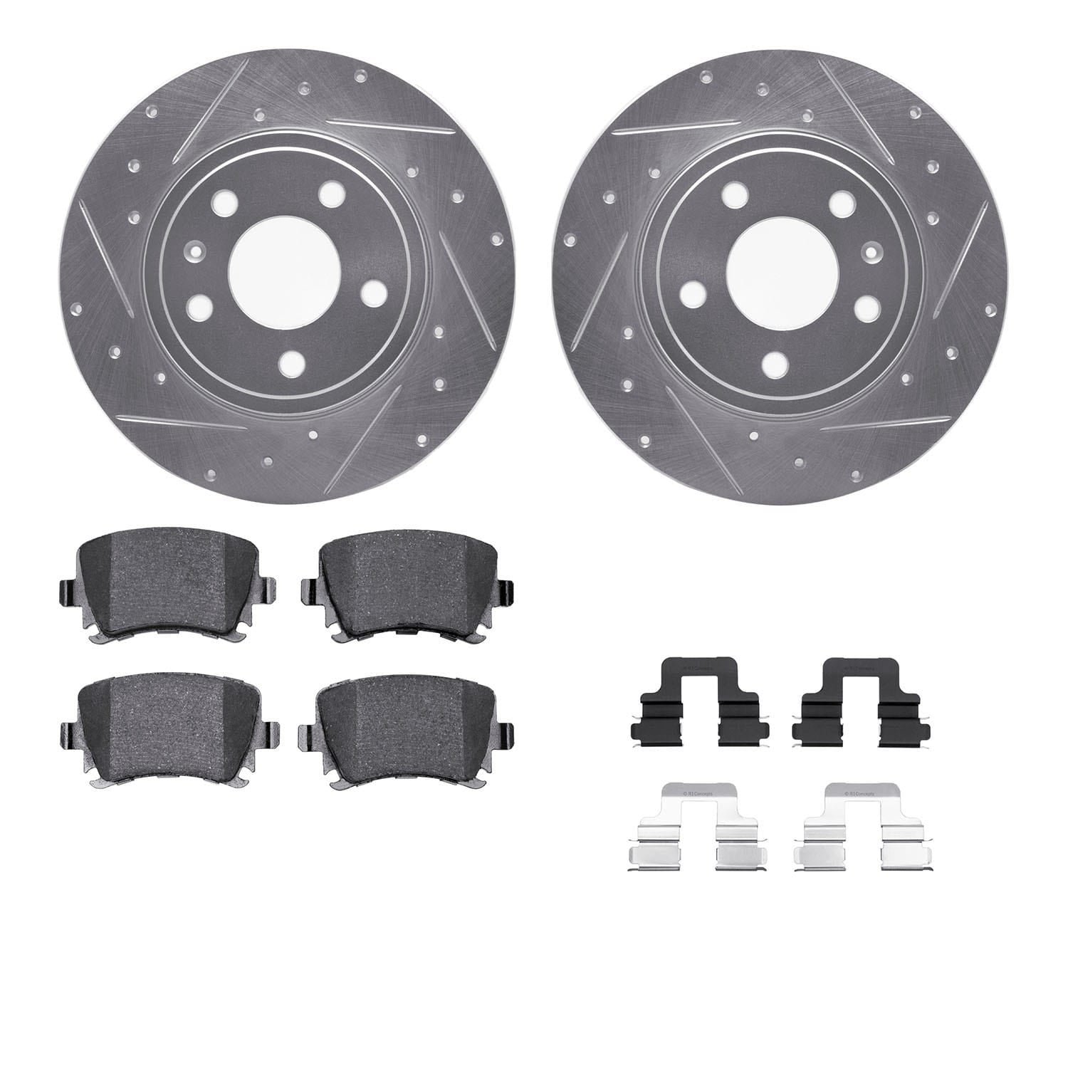 DF_WGWH173057_Fro.jpg R1 Concepts 00-09 Audi A4 Quattro Rear Drilled & Slotted Silver Brake Rotor Set w/Ceramic Pads and Hardware - Image 1