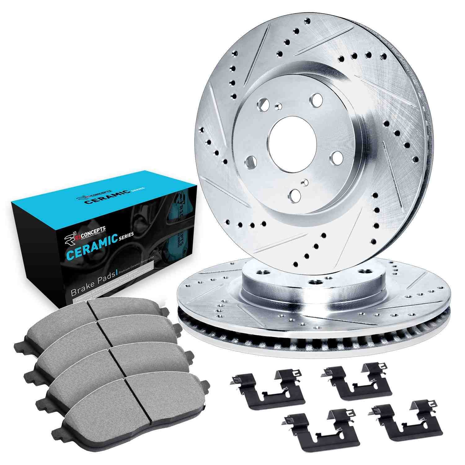 DF_WGWH174076_Kit.jpg R1 Concepts 03-15 Audi Q7 Front Drilled & Slotted Silver Brake Rotor Set w/Ceramic Pads and Hardware - Image 1