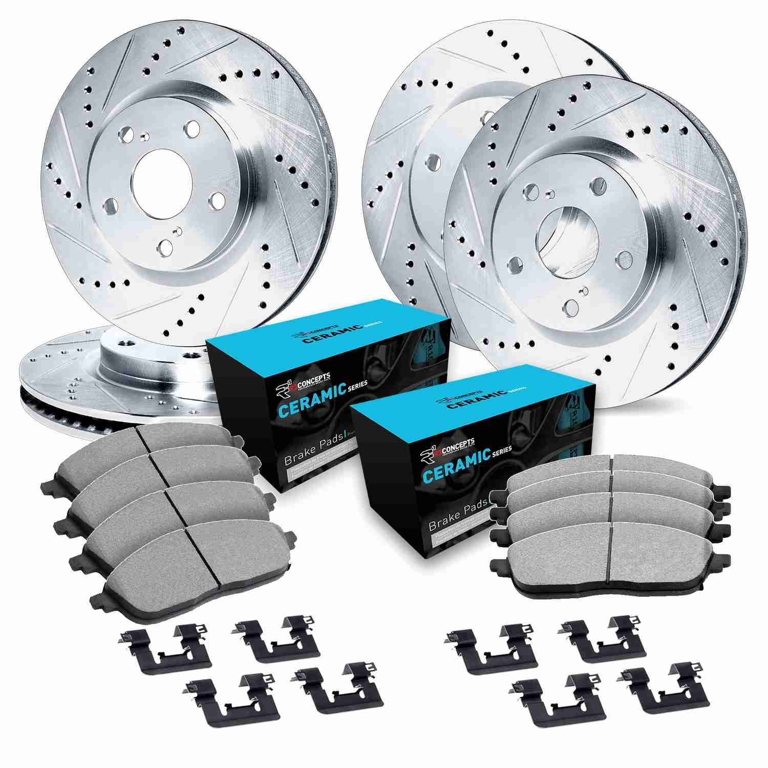 DF_WGWH231049_Kit.jpg R1 Concepts 04-07 BMW 525i Front & Rear Drilled & Slotted Silver Brake Rotor Set w/Ceramic Pads and Hardware - Image 1
