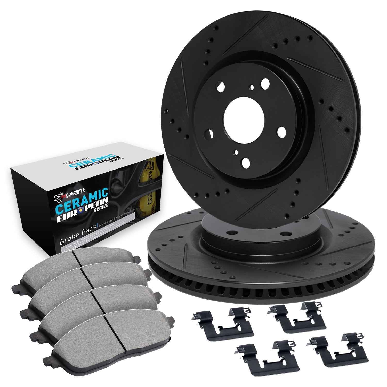DF_WHTH131103_Kit.jpg R1 Concepts 16-25 BMW 840i xDrive Rear Drill/Slot Black Rotors w/Euro Ceramic Pads - Image 1